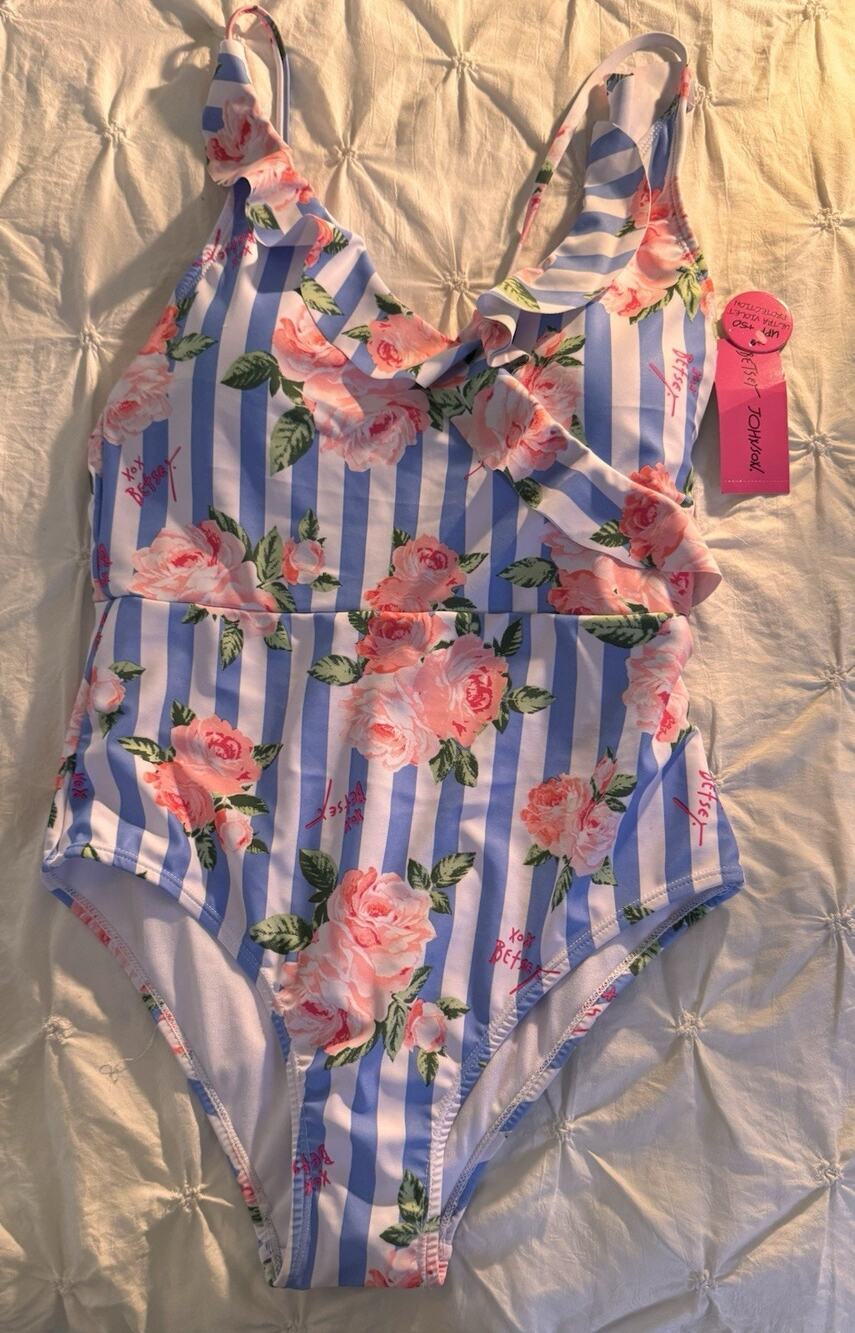 Betsey Johnson Blue White Stripped Pink Floral One Piece Swimsuit Women Size M